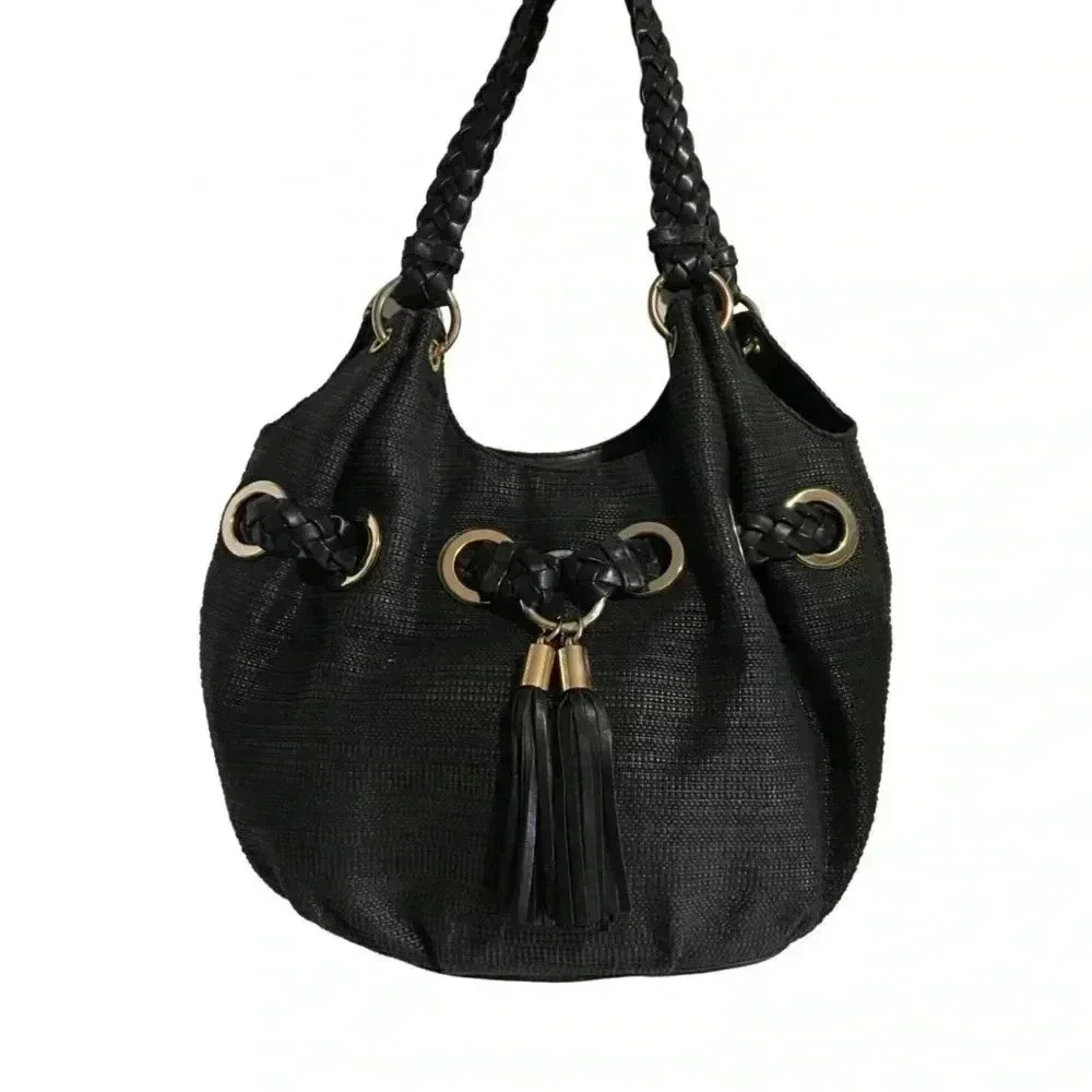 Michael kors black straw shoulder handbag with leather strap & trim